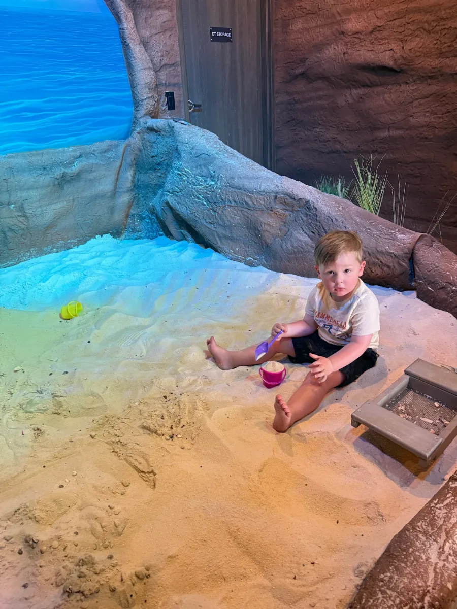 A toddler scooping sand in the sand pit at Coastal Treasures Adventure Mining